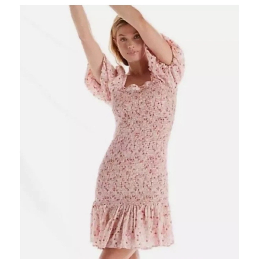 Anthropologie Another Love Floral Smocked‎ Mini Dress S Pink Ruffle CottageCore